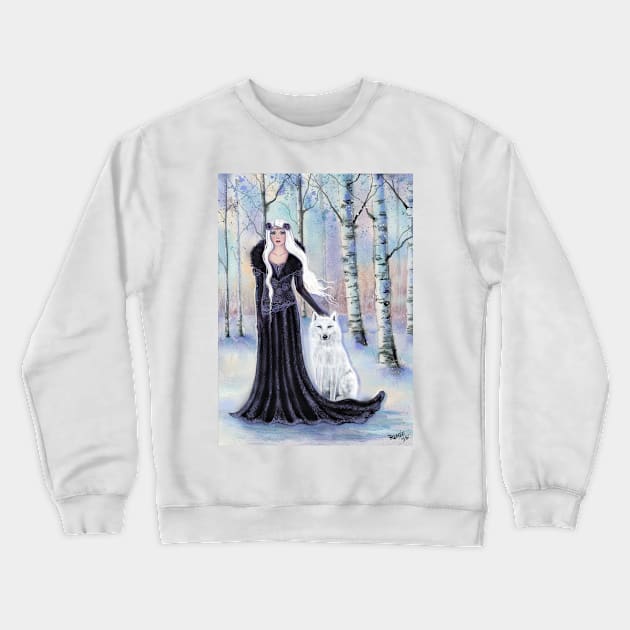 Winter goddess with white wolf by Renee Lavoie Crewneck Sweatshirt by ReneeLLavoie